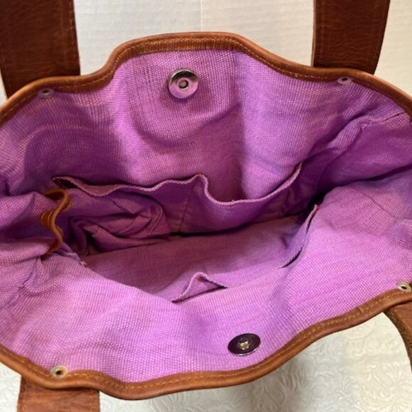 VTG Brown Leather & Striped Tapestry Handbag Snap Closure 11"x4"x10.5" - Picture 6 of 13